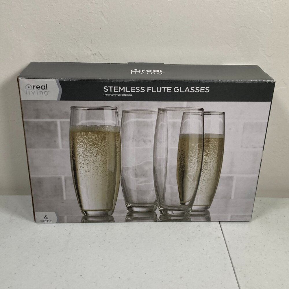 Real Living - Stemless Flute Glasses - Clear - Set of 4 - NWT